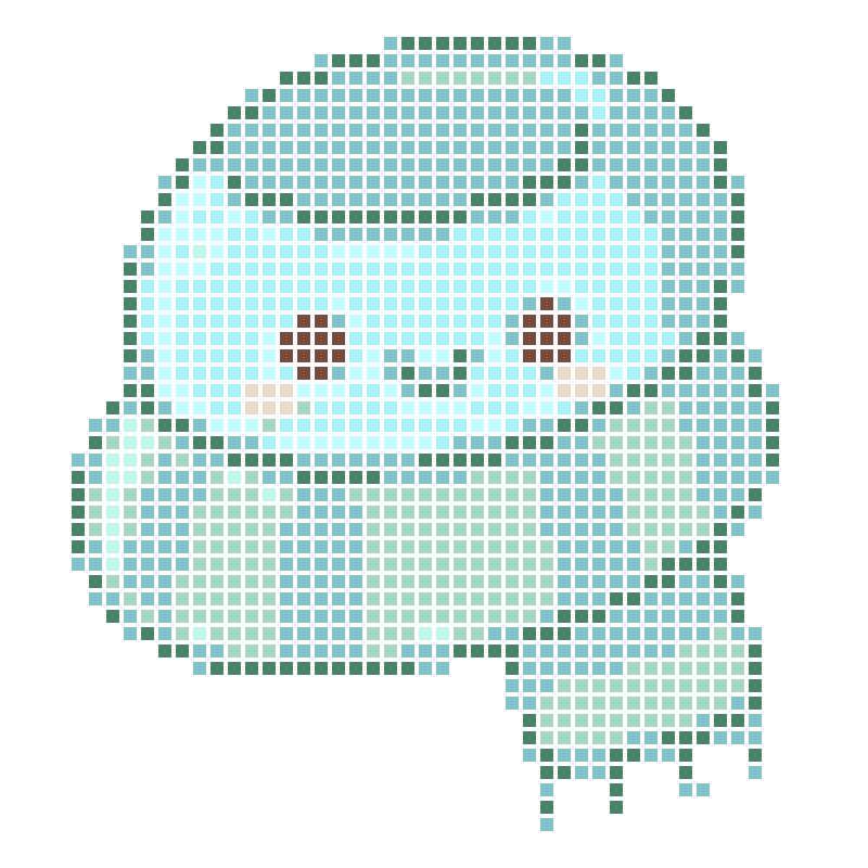 A cute teal little creature wearing a light green striped scarf