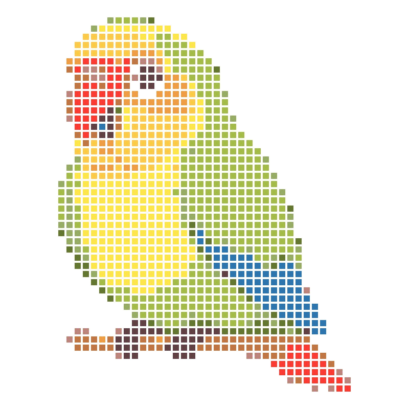 Brightly colored cartoon parrots perch on the branches
