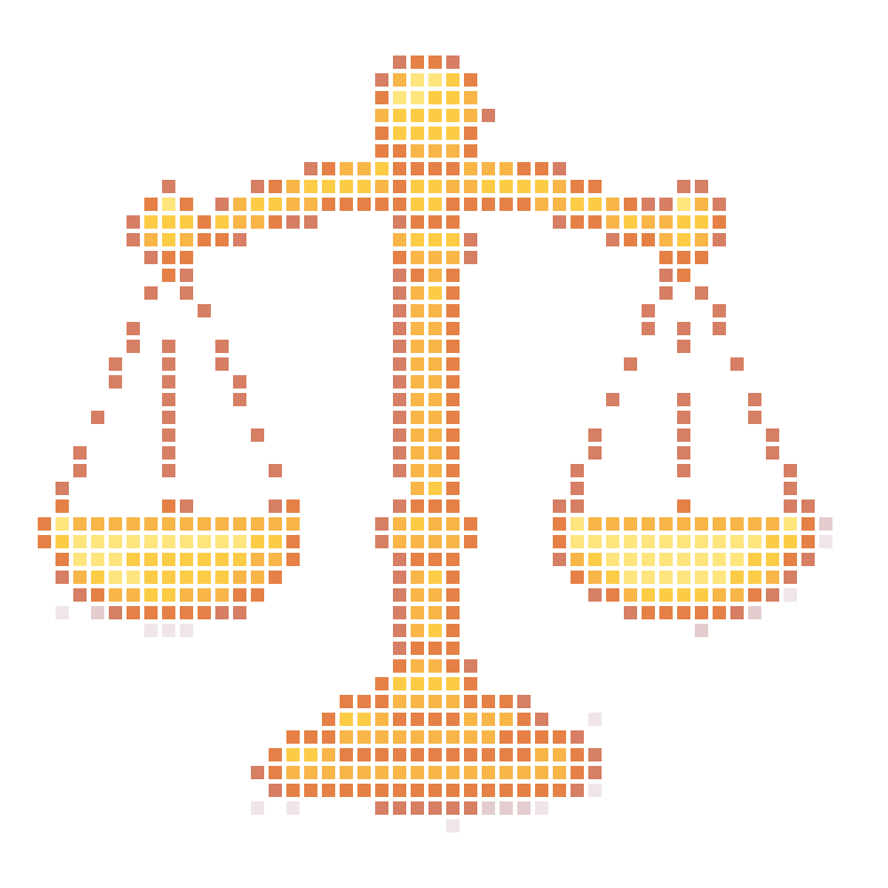 The cartoon-style golden balance represents fairness and justice