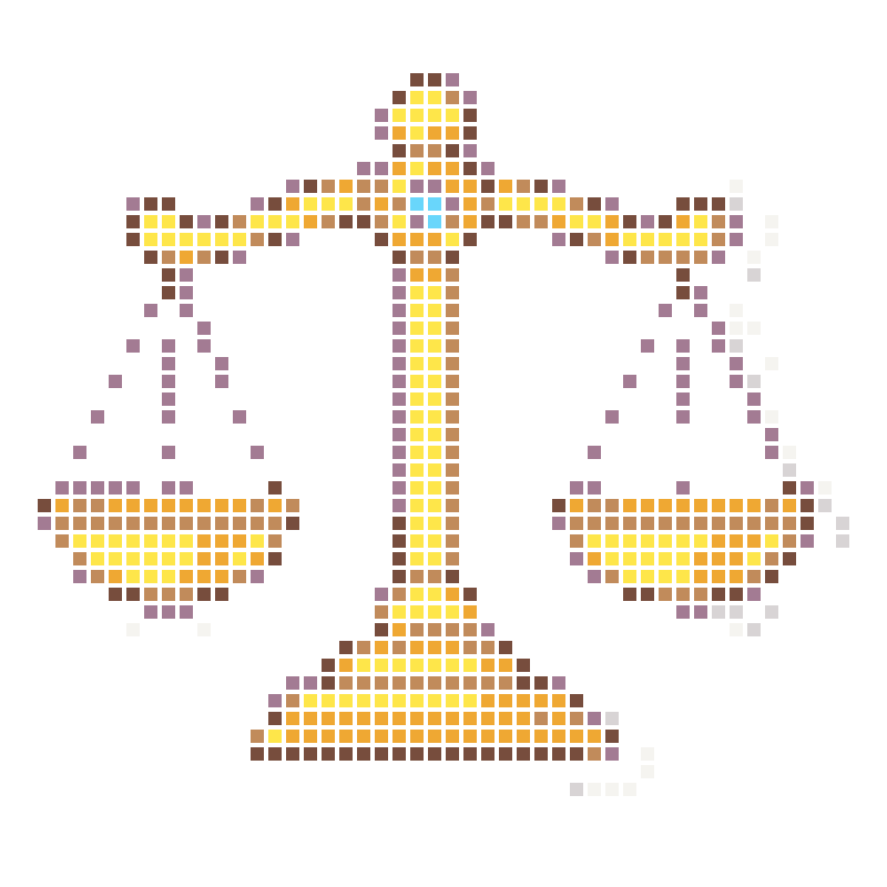 Cartoon sticker style with a golden balance symbolizes fairness and justice